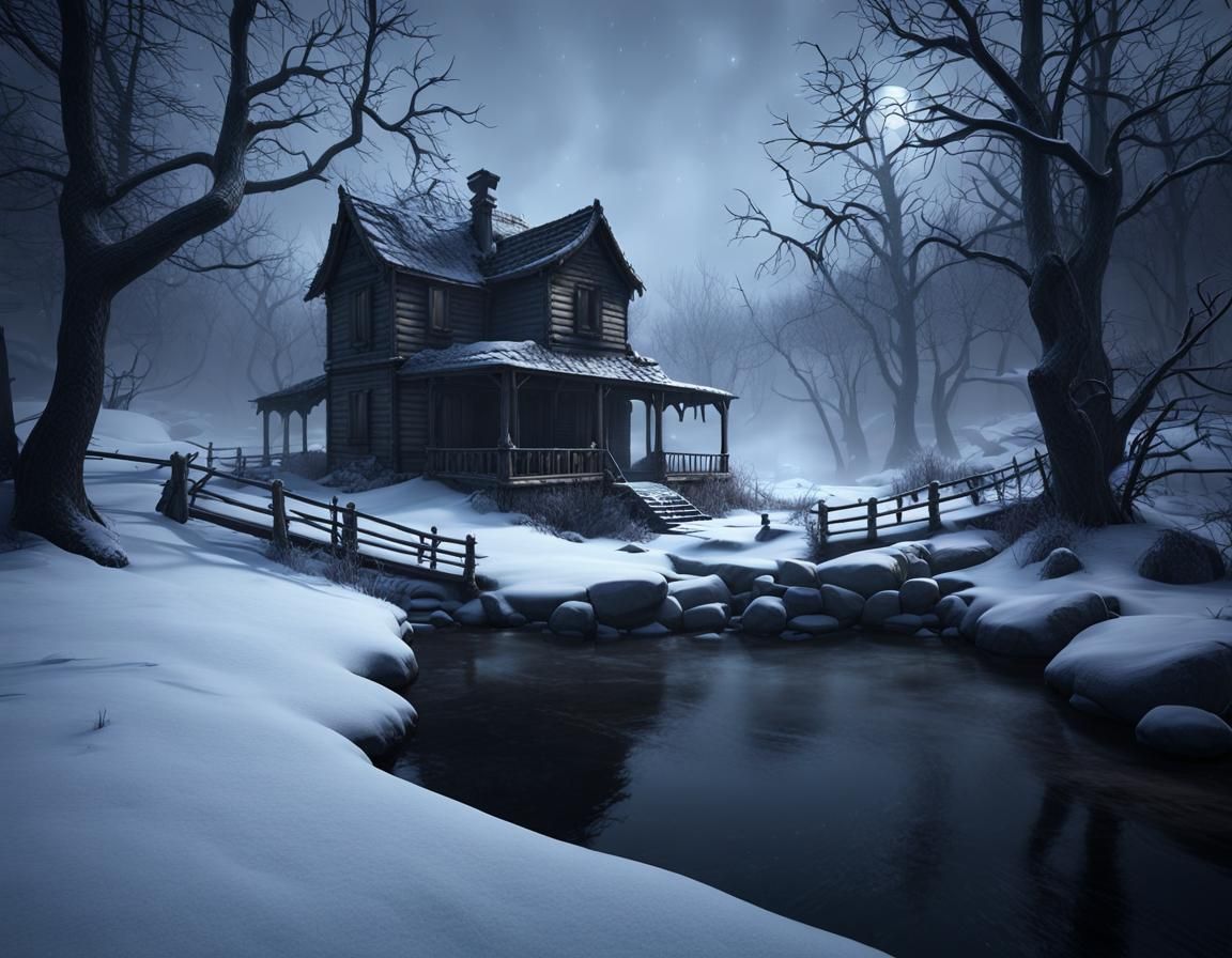 Sinister Abandoned House in Snowy Gloomy Landscape