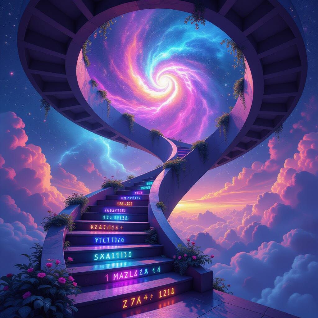 Surreal Staircase to Nebula Sky, Escher-Inspired Architectur...