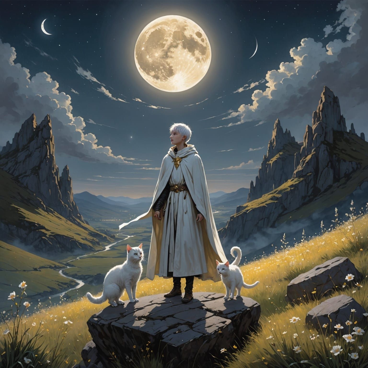Anime Moon Gazer in a Fantasy Landscape