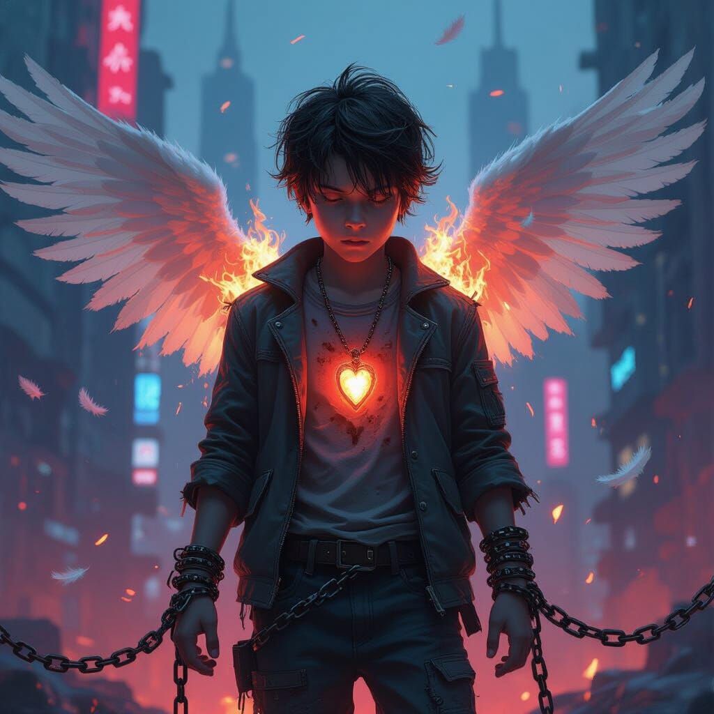 Cyberpunk Boy with Chains and Glowing Locket