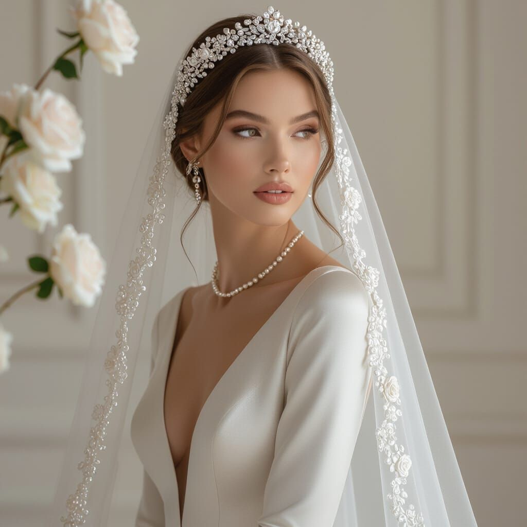 Elegant Bride in Platinum Gown with Pearl and Rose Details