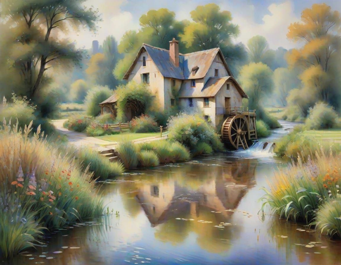 Impressionist Watercolor Watermill Scene with Soft Focus and...