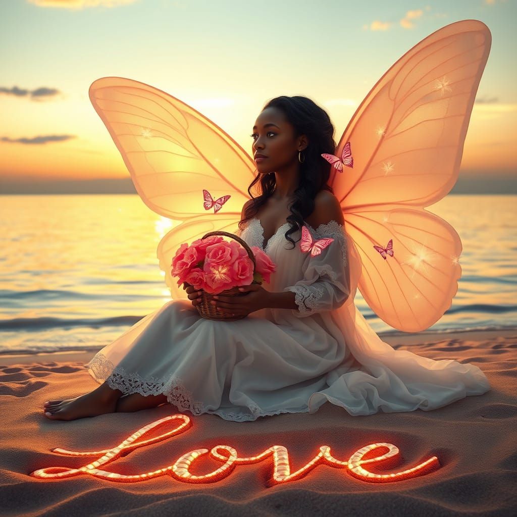 Woman with Translucent Wings in a Dreamlike Coastal Scene