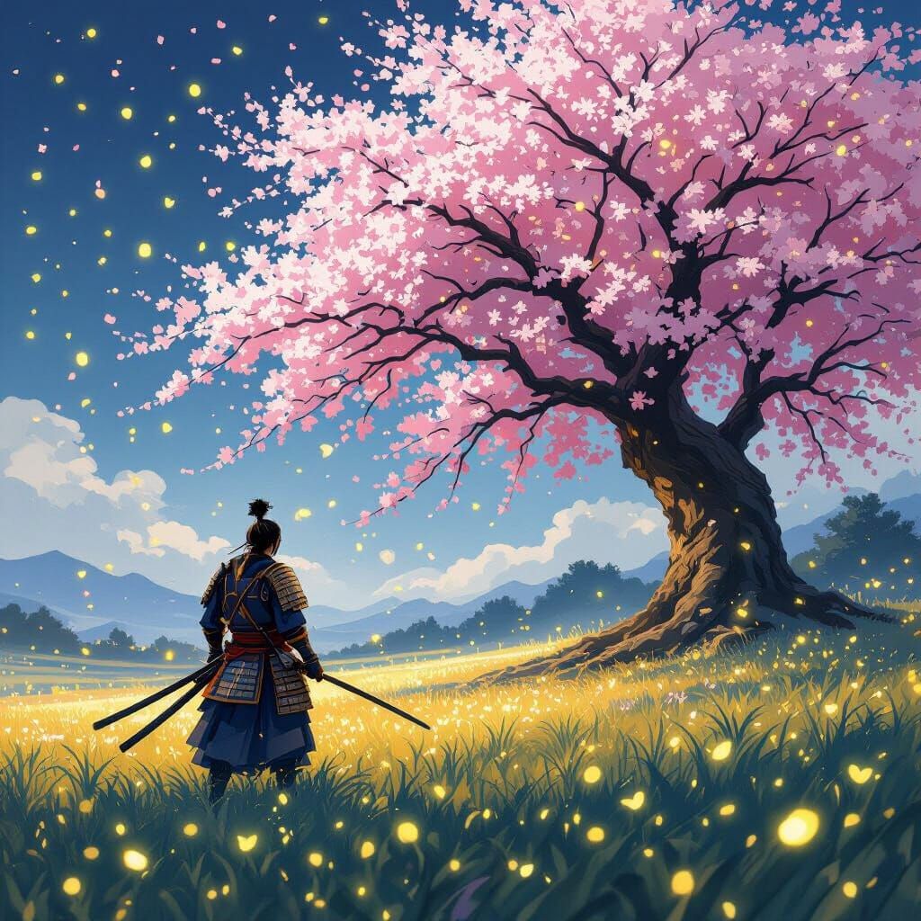 Victorious Samurai Under Cherry Blossom Tree, Hokusai Style