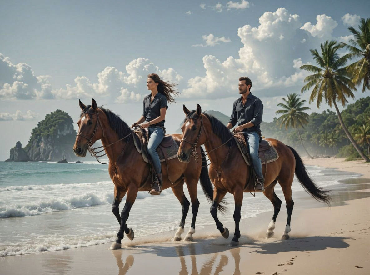 Couple Rides Horses on Ethereal Tropical Beach