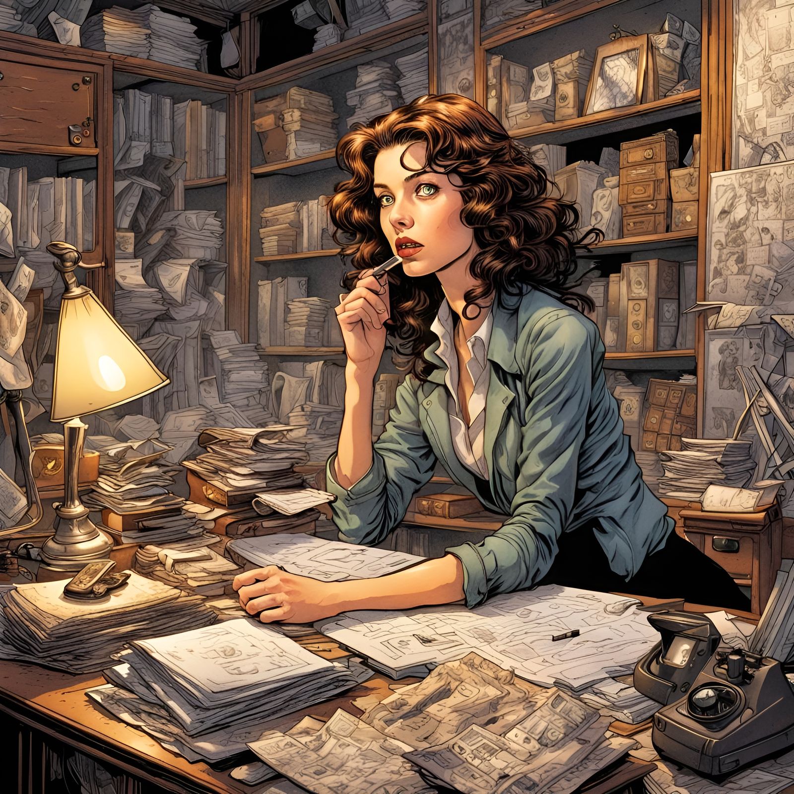 Female Detective in Cluttered Office, Comic Book Style