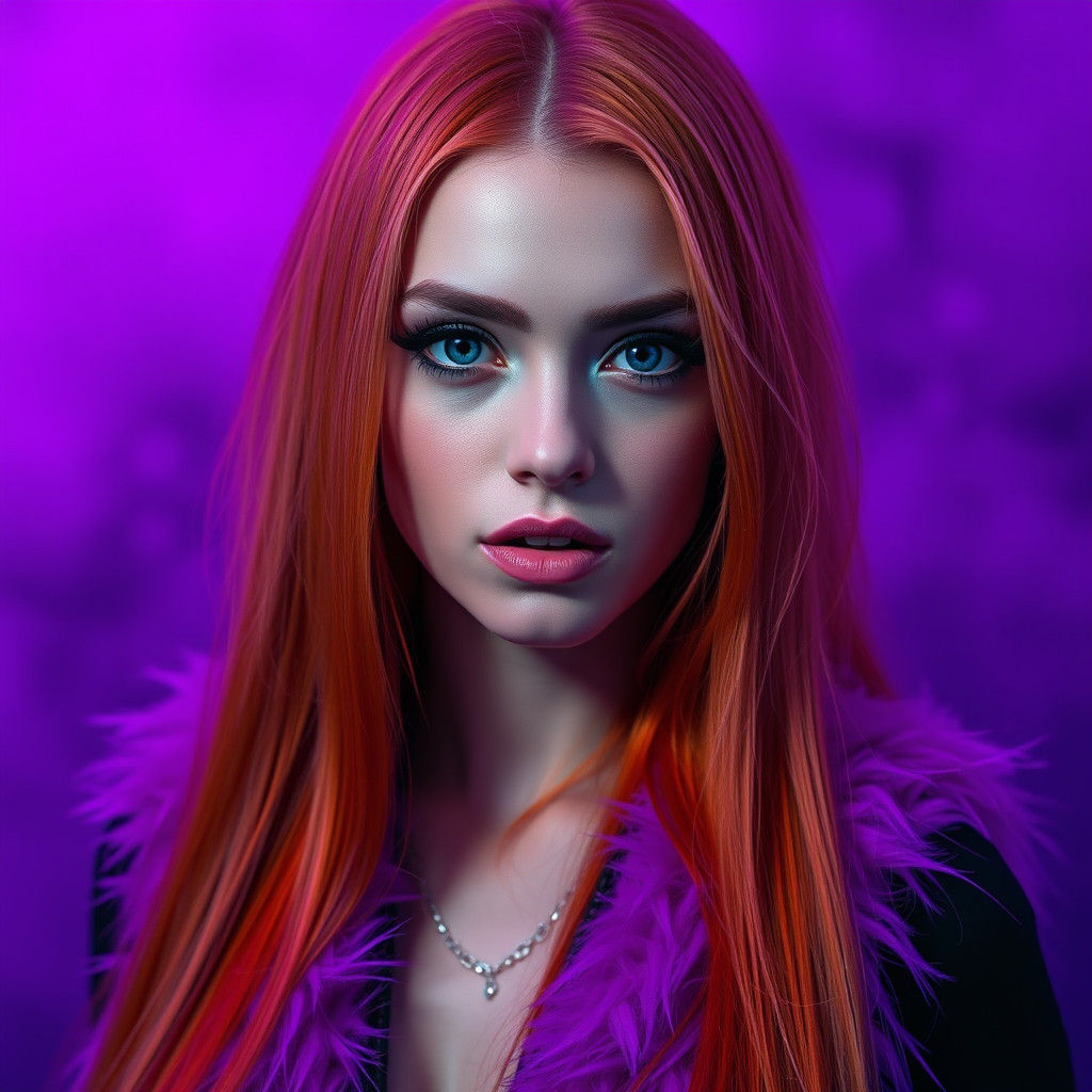 Woman with Orange Hair in Dreamy Neon Landscape