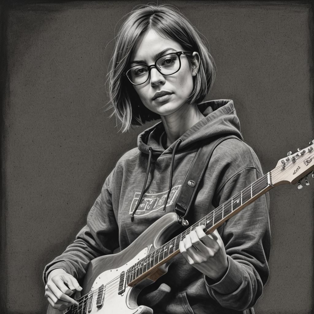 Girl with Electric Guitar: Charcoal Drawing
