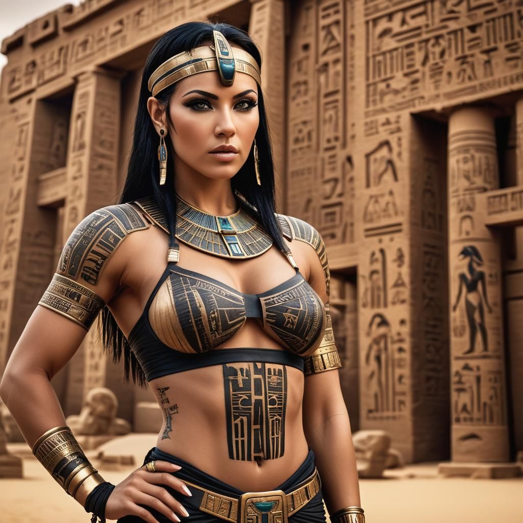 Hyperrealistic Egyptian Xena with Hieroglyph Tattoos