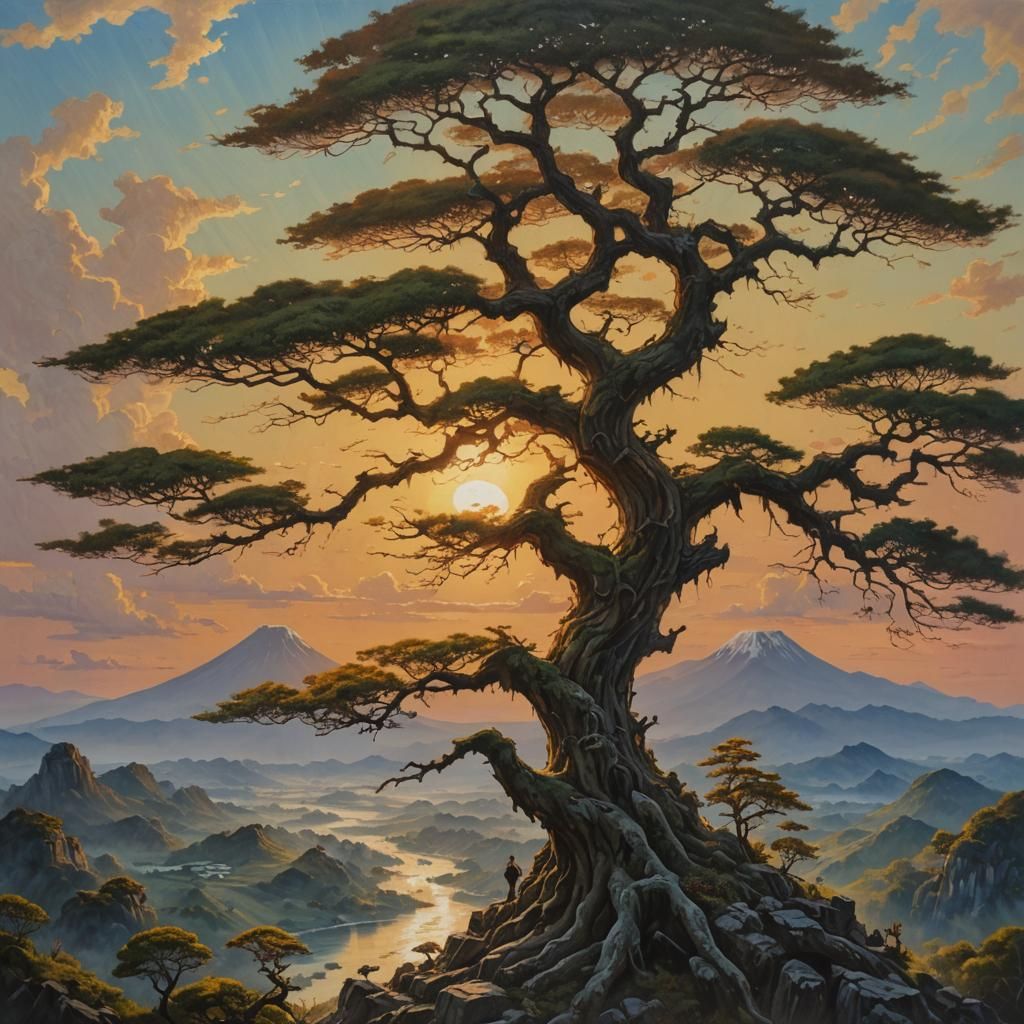Majestic Sunrise Landscape with Tree of Wisdom
