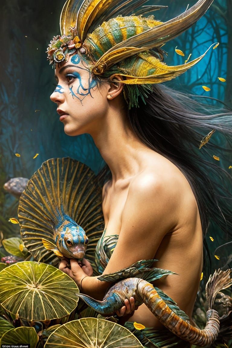 Tropical Fish Woman Painting in Hyperrealistic Style