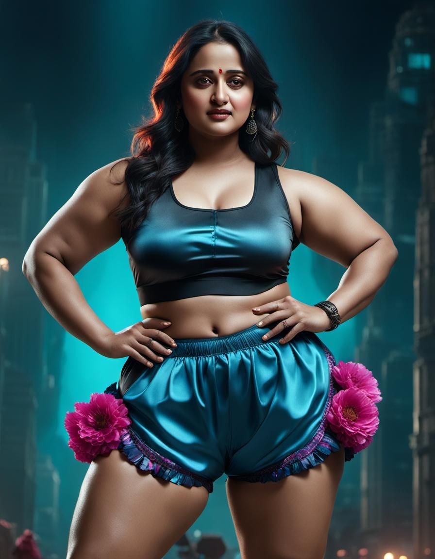 Curvy Woman in Cyberpunk Bloomers with Neon Lighting