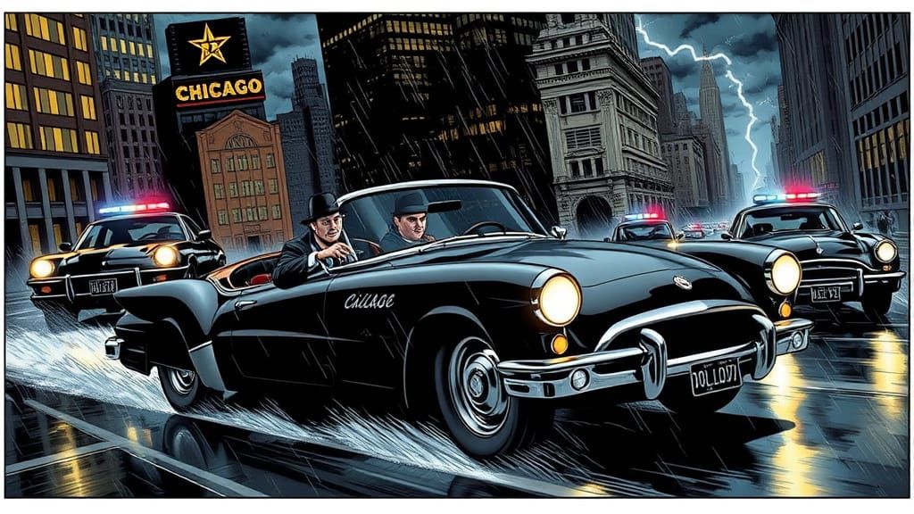 1920s Mob Getaway in Chicago, Comic Book Art