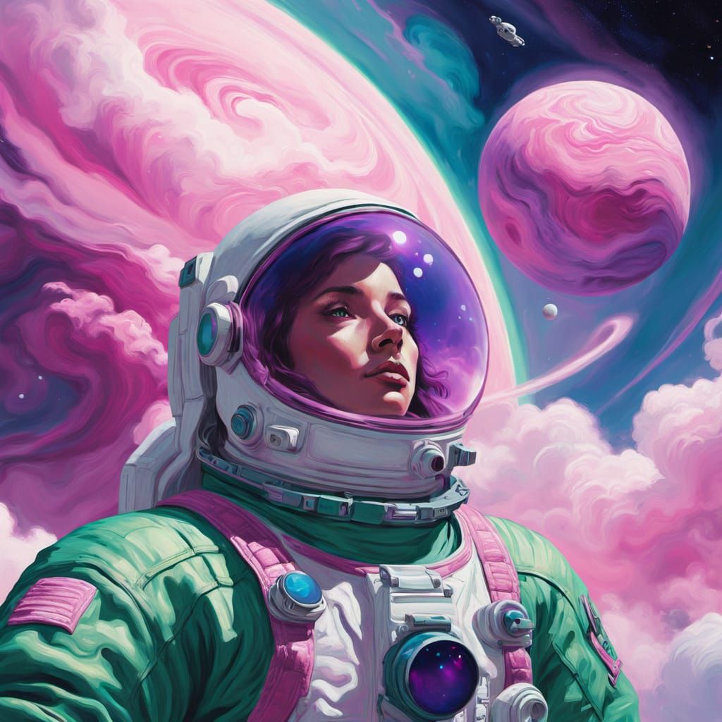Astronaut Contemplates Solitary Pink and Green Planet in Cos...