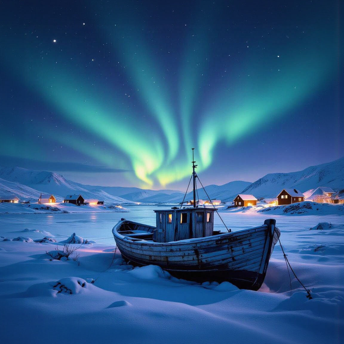 Northern Lights Over Arctic Landscape with Fishing Boat