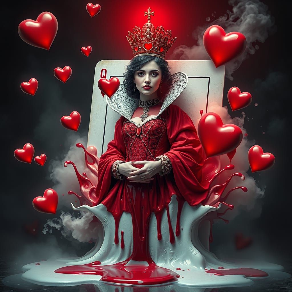 Surreal Queen of Hearts Emerges from Melting Card