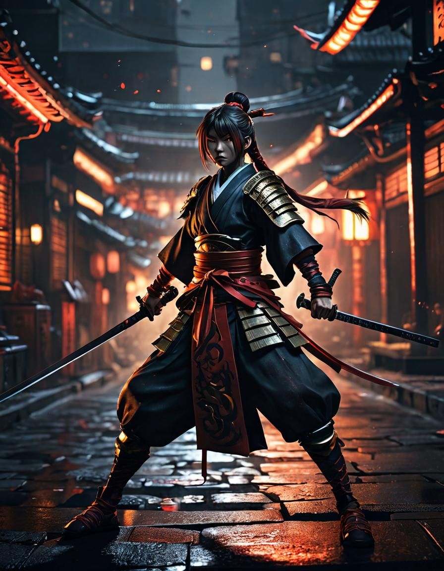 Samurai Warrior Battles Demon in Dark Fantasy Anime Art