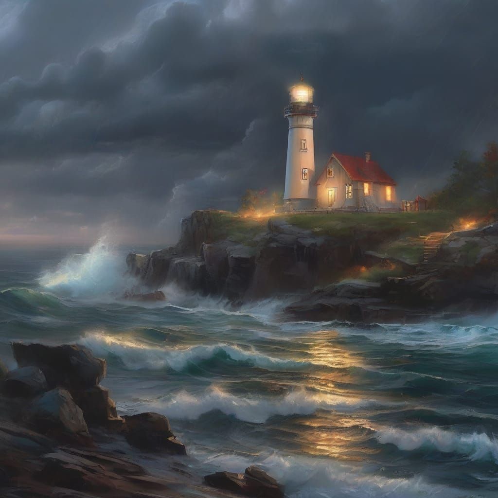 Coastal Village Lit by Lighthouse During Approaching Storm