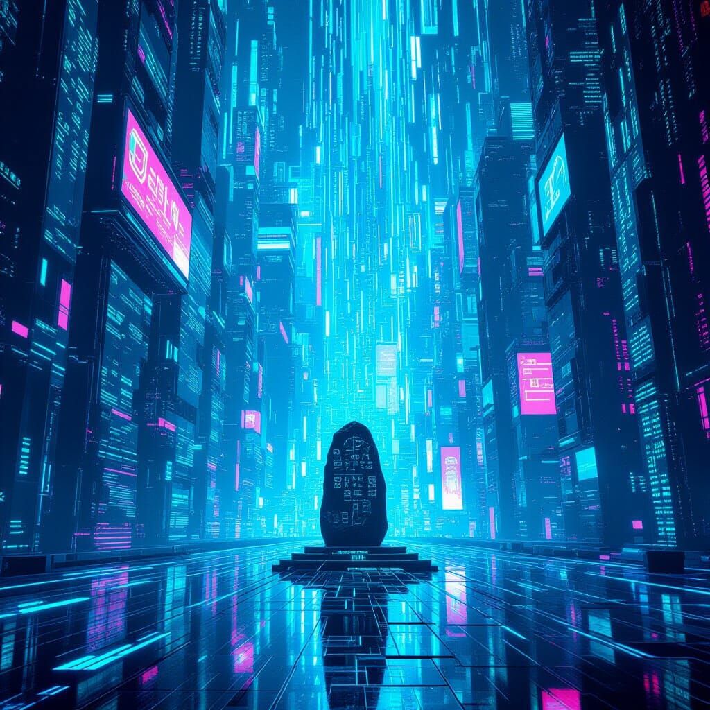 Futuristic Neon City of Code and Circuits