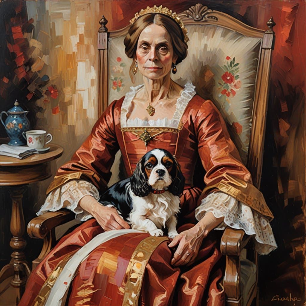 Renaissance Lady and Dog Portrait in Impressionist Style