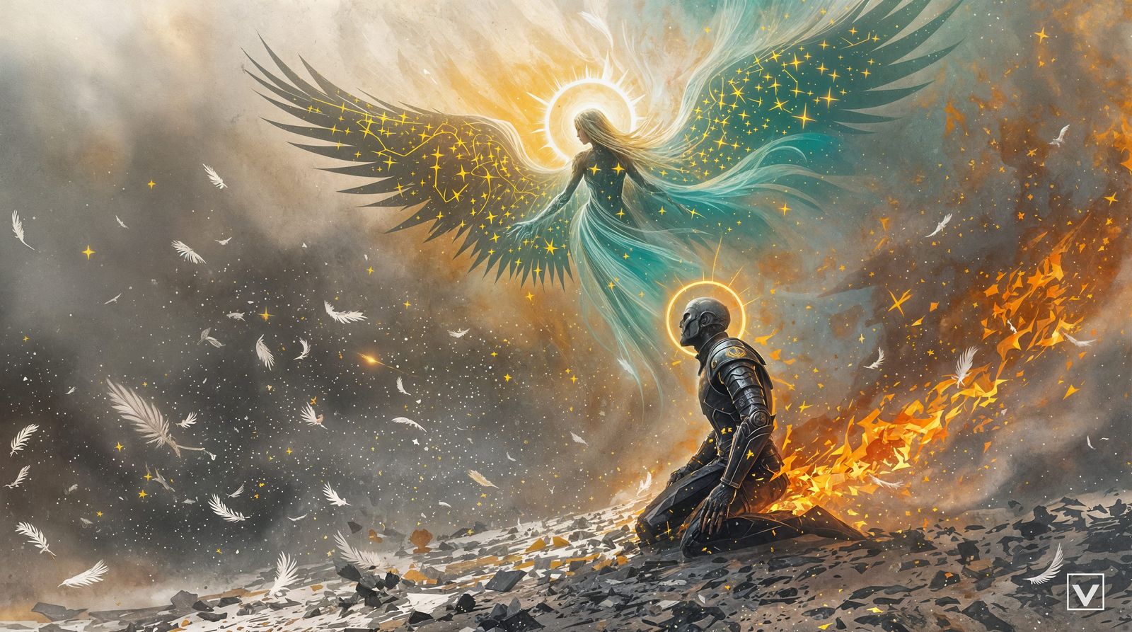 Surreal Warrior Meets Ethereal Angel in Cosmic Struggle