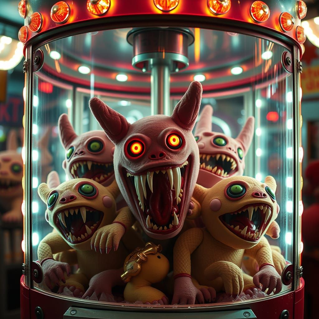 Nightmare Carnival Claw Machine with Grotesque Toys