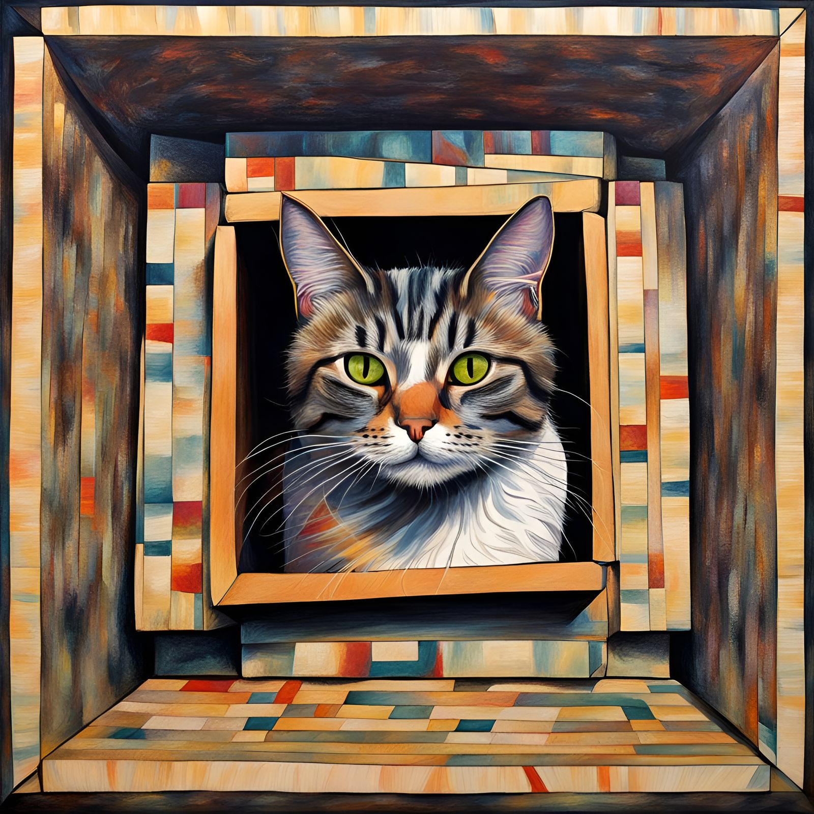 Abstract Cat Portrait in Box with Spiral Pattern