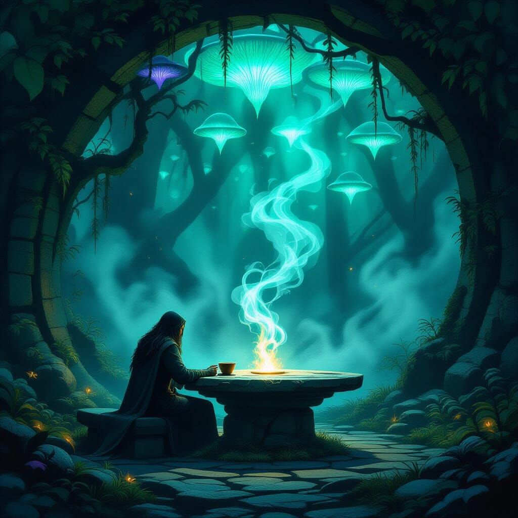 Fantasy Forest Grove with Bioluminescent Fungi and Steaming ...