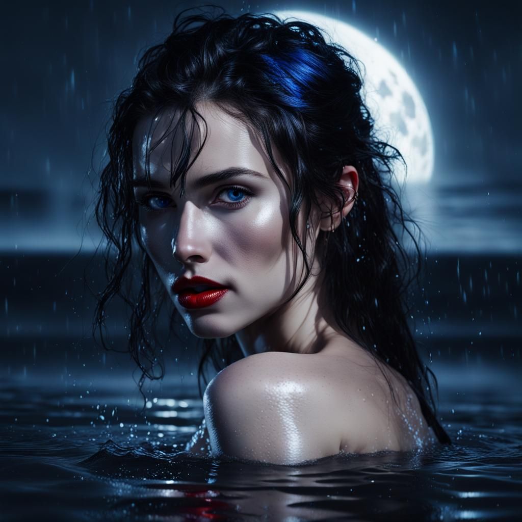 Stunning Woman Emerging from Water at Night
