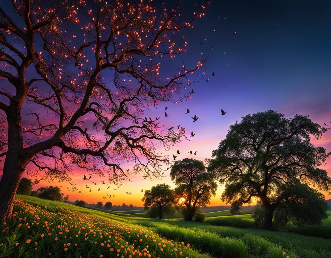 Twilight Zone Landscape with Multicolored Birds