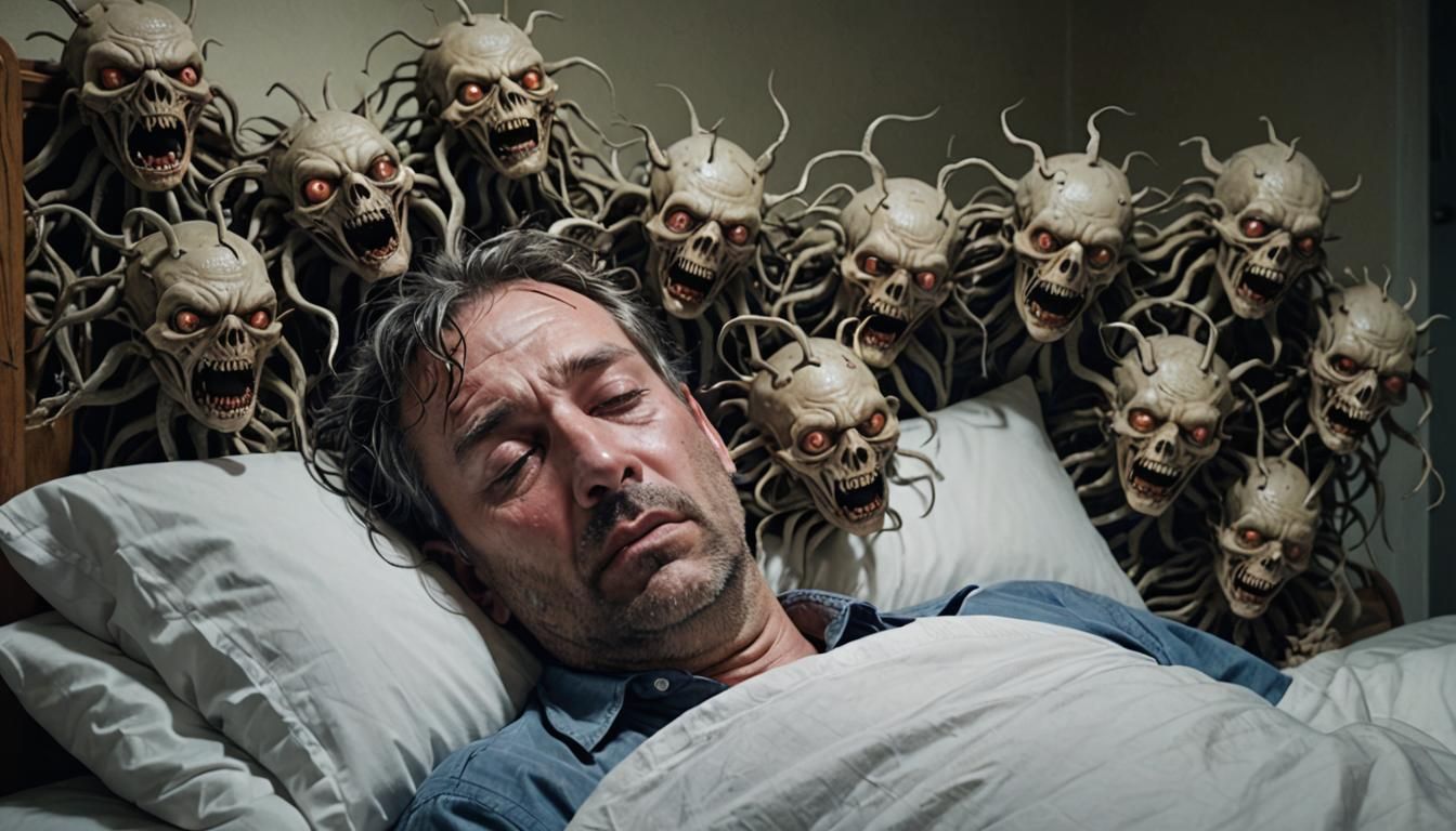 Nightmare Creatures Seeping from Sleeping Man's Head