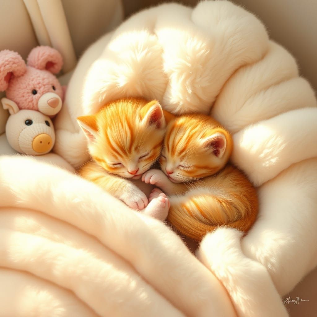 Whimsical Kitten Twins in a Dreamlike Sleep