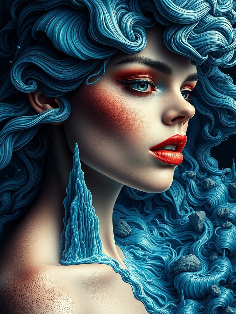 Surreal Fractal Waterfalls Form Woman's Face