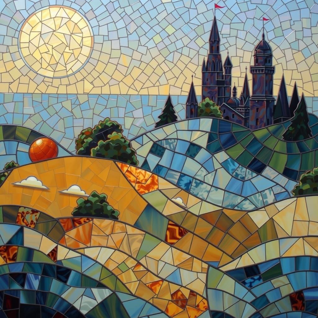 Intricate Mosaic Landscape in Jewel Tones