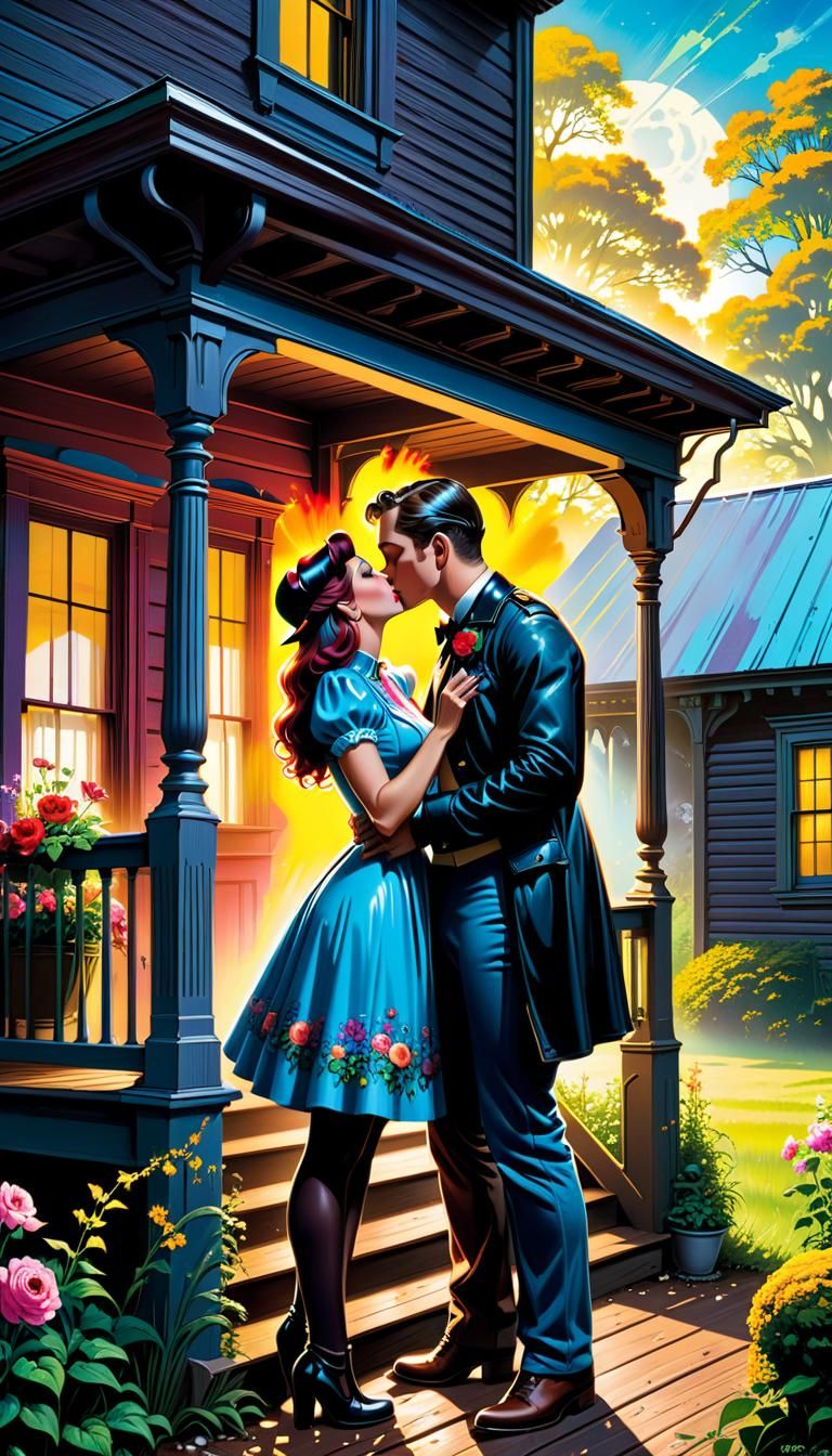 Couple Kissing on a Porch in Comic Book Art
