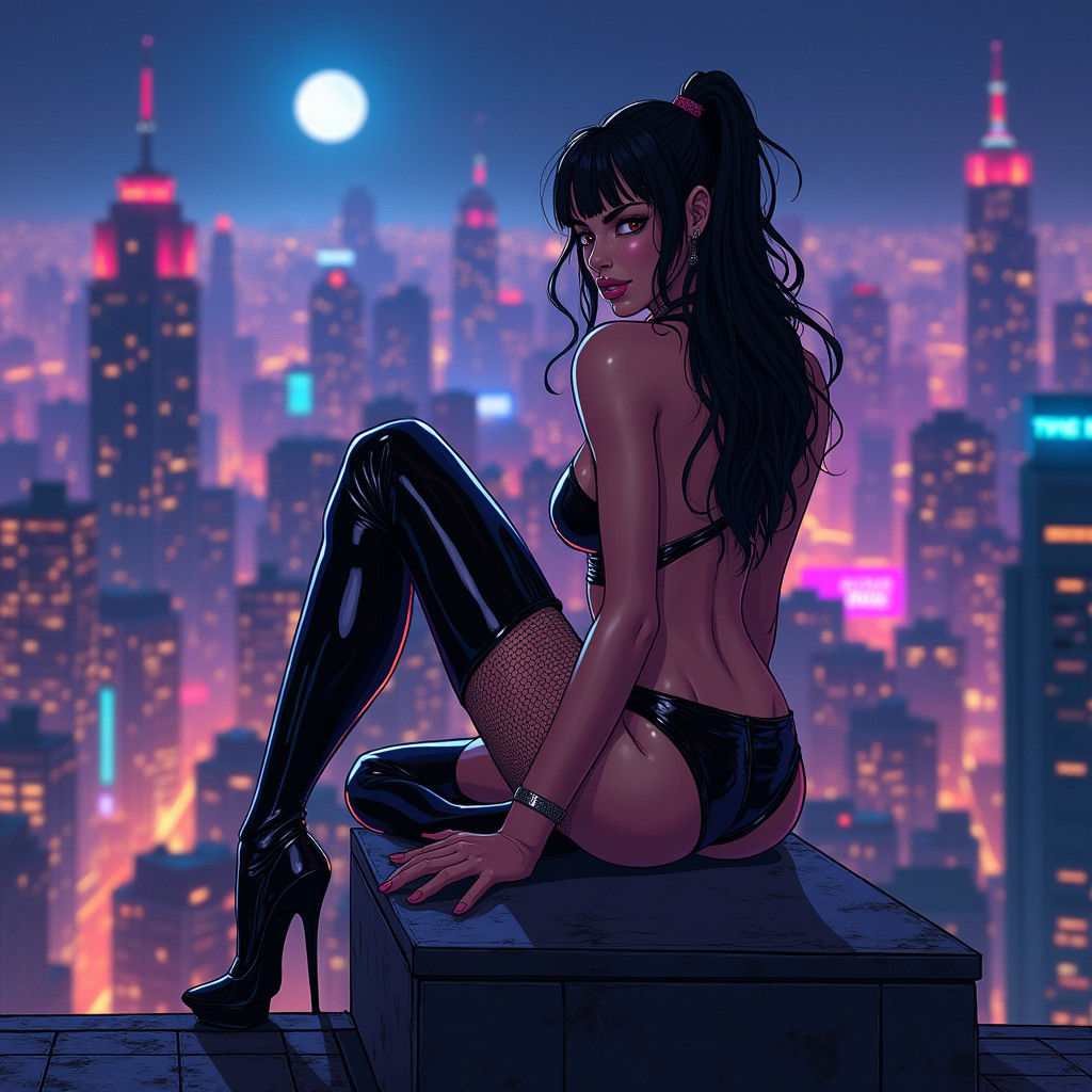 Anime Burglar in PVC Hot Pants on Xanadu Rooftop