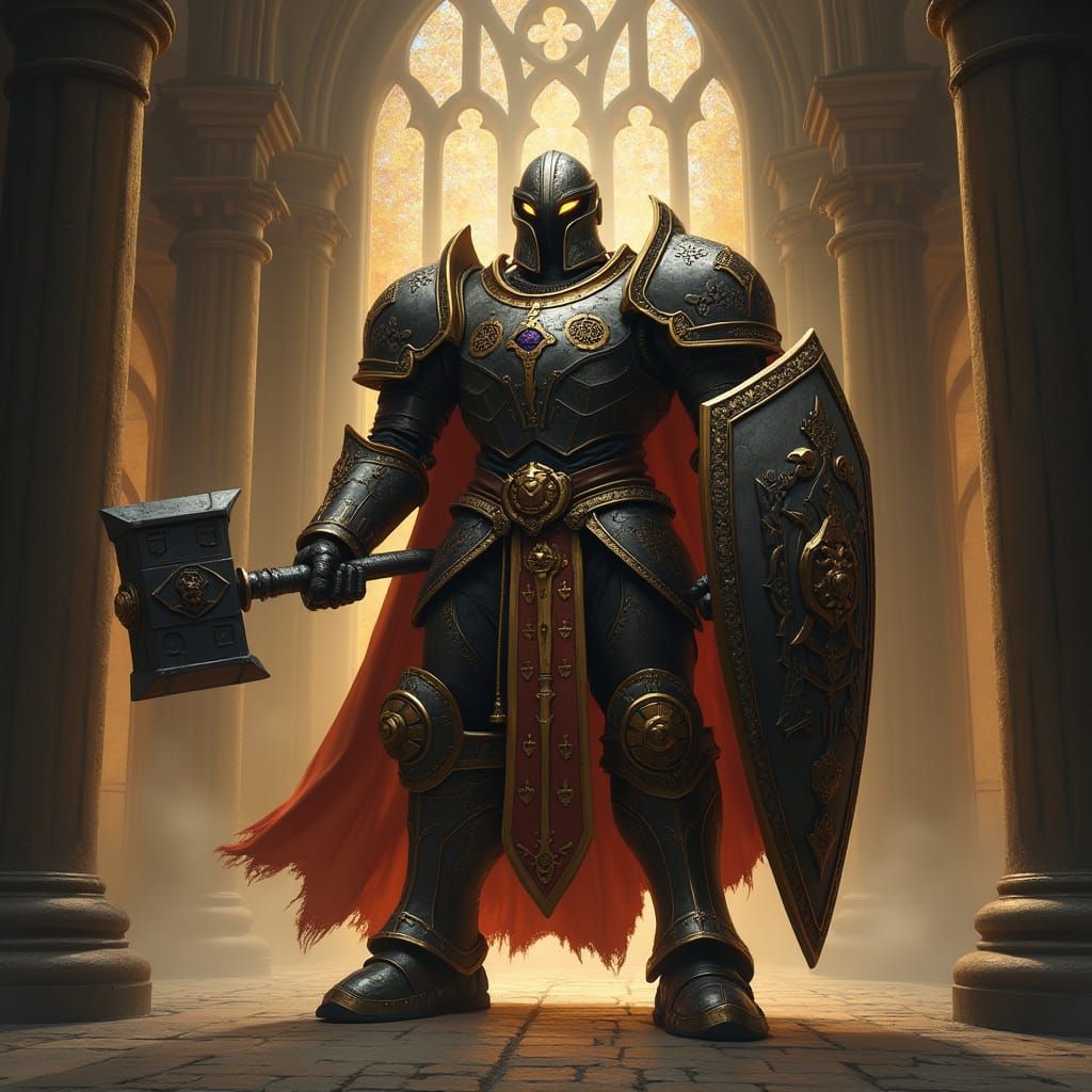 Warforged Cleric in Dark Fantasy Cathedral