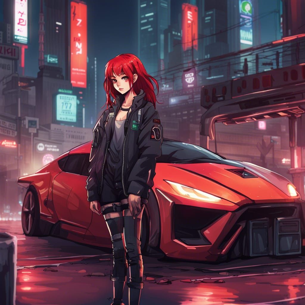 Cyberpunk Girl with Red Hair and Futuristic Car