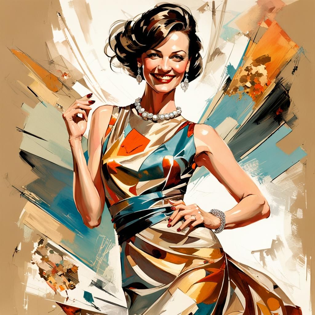 Elegant Woman in Silk Dress, Surrealist Comic Art