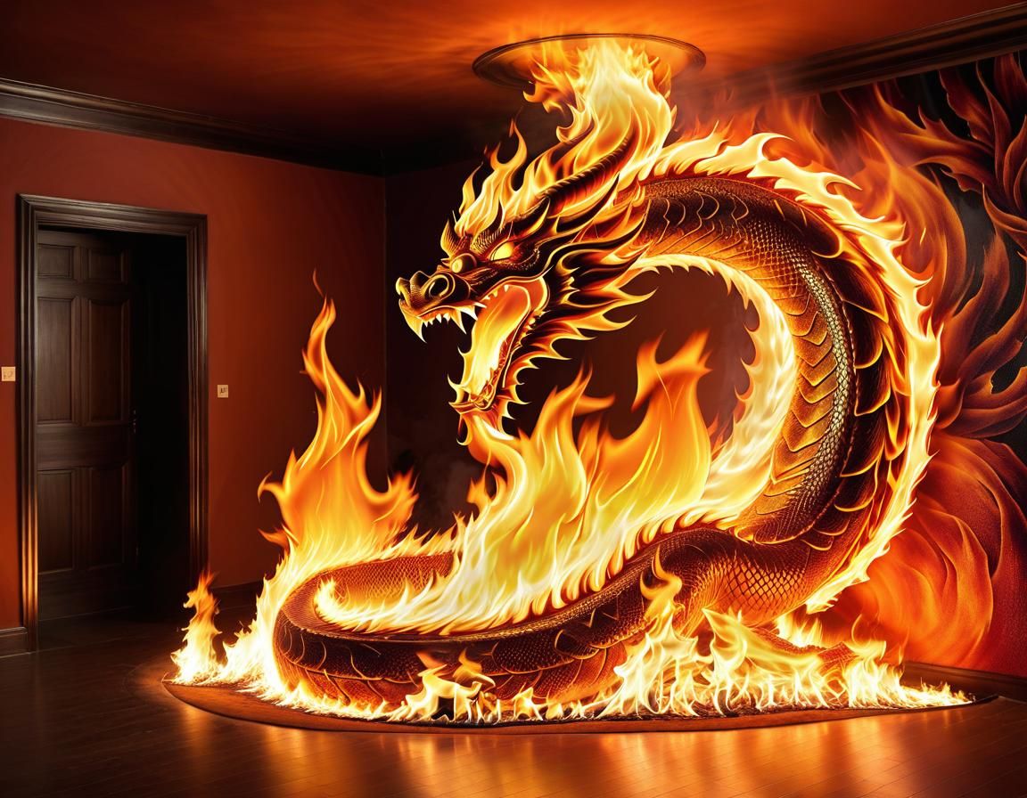 Fiery Dragon Mural Art Inside Empty Room
