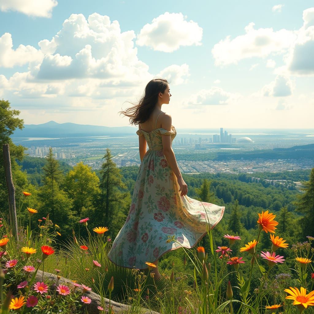 Hyper-Realistic Woman Surrounded by Wildflowers and Cityscap...