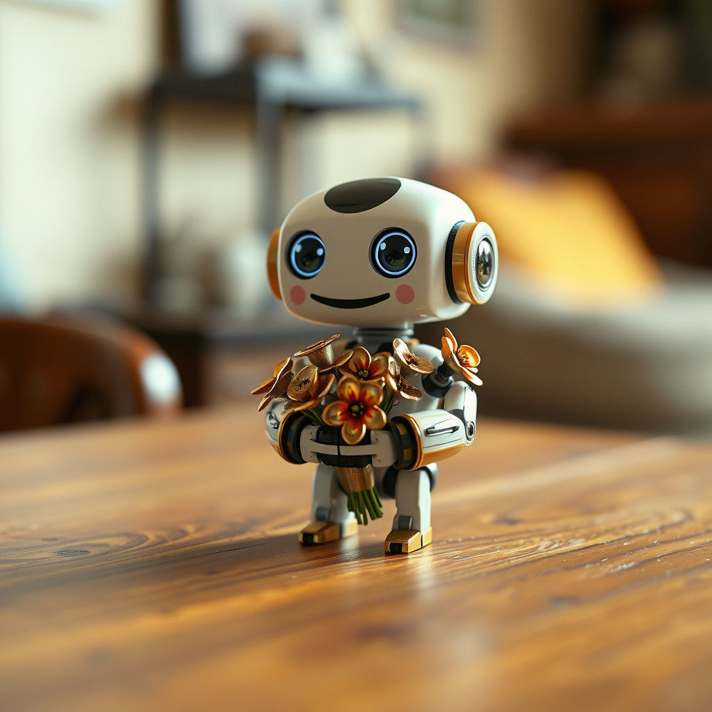 Chibi Robot with Metallic Flowers in Cinematic Style