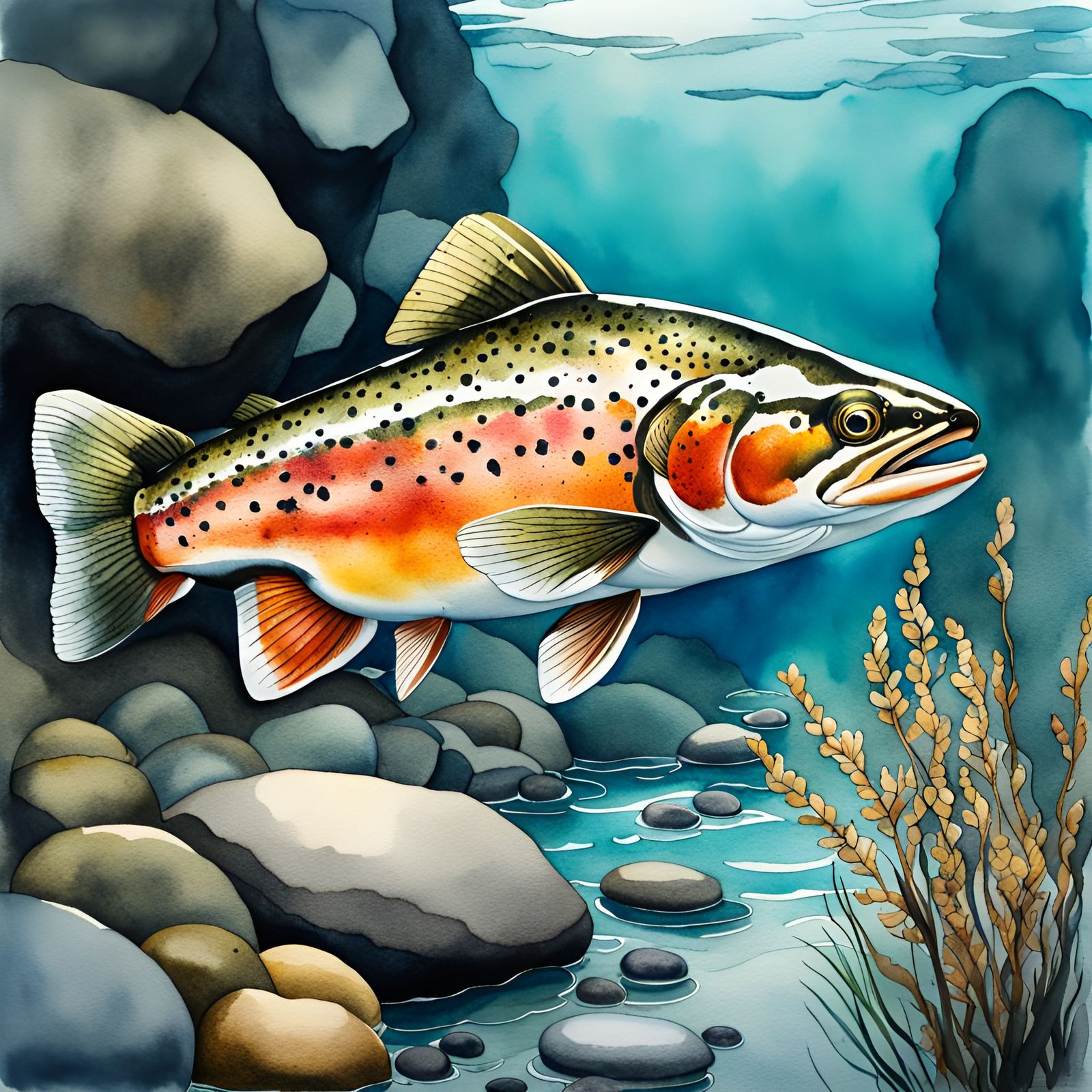 Realistic Trout in River: Watercolor Ink Drawing
