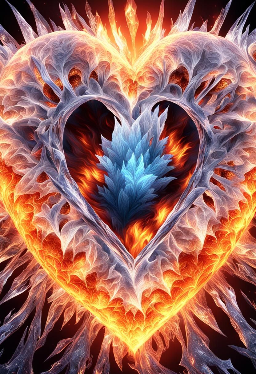 Fiery Flames Engulf Frozen Fractal Heart