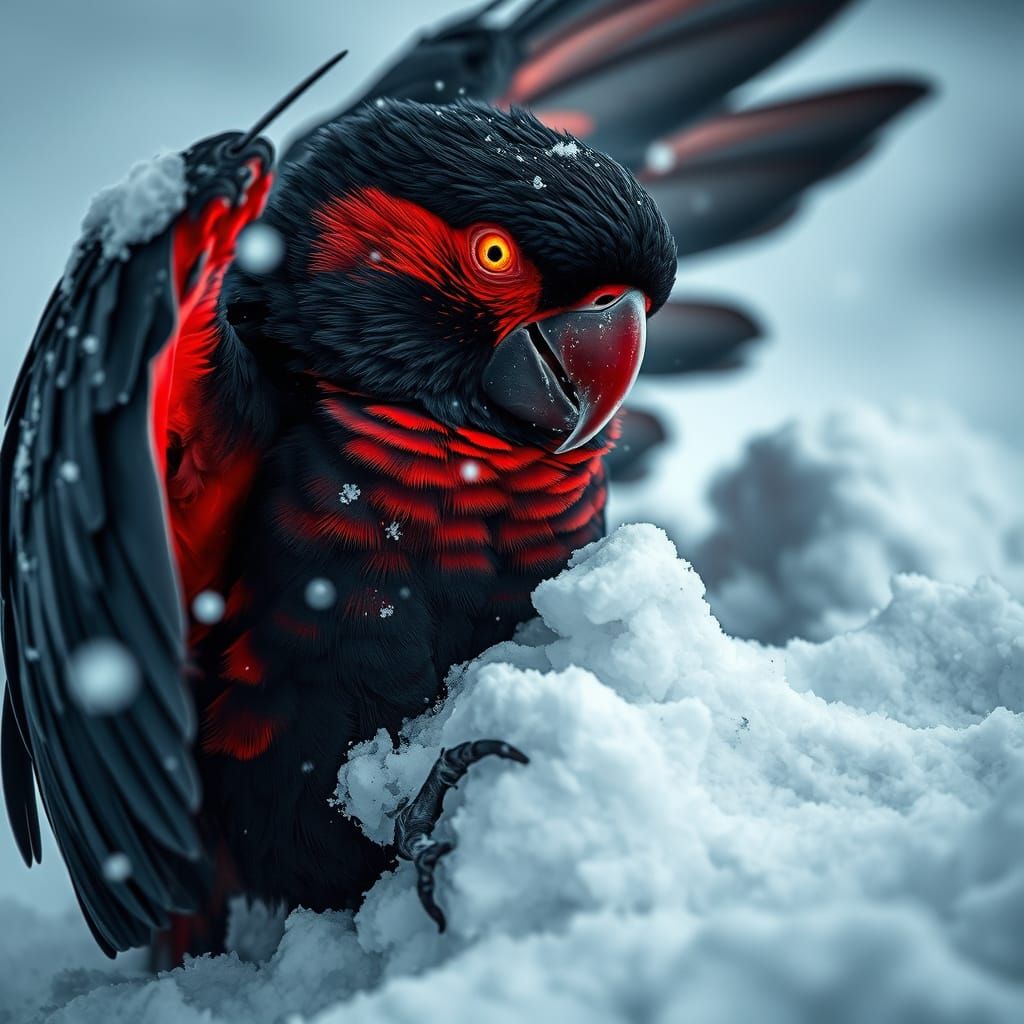 Parrot in Hyperrealistic Snow Scene
