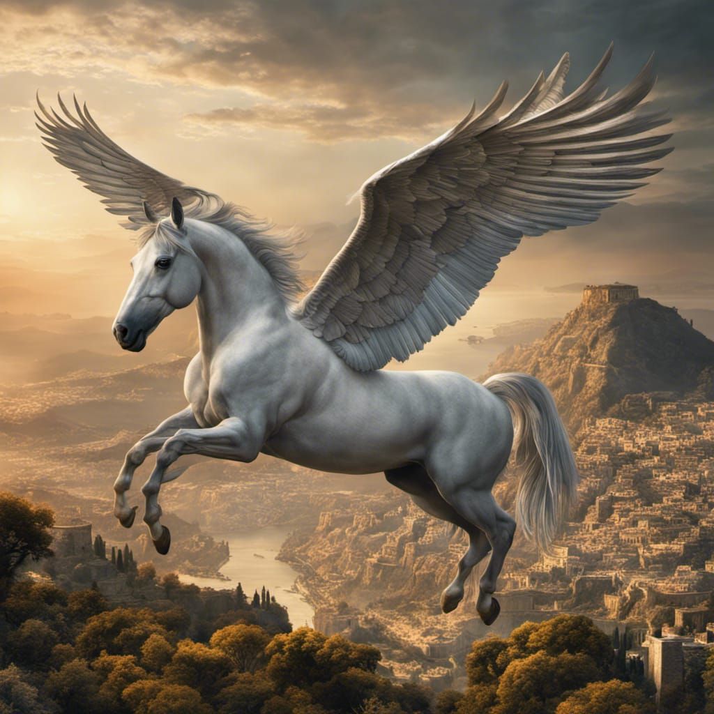 Pegasus Flies Over Ancient Greece: Hyperrealistic Digital Ar...