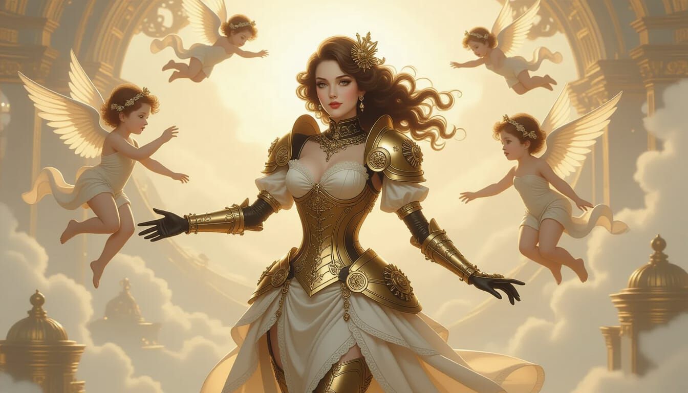 Steampunk Goddess with Gear Cherubs in Luminous Mist