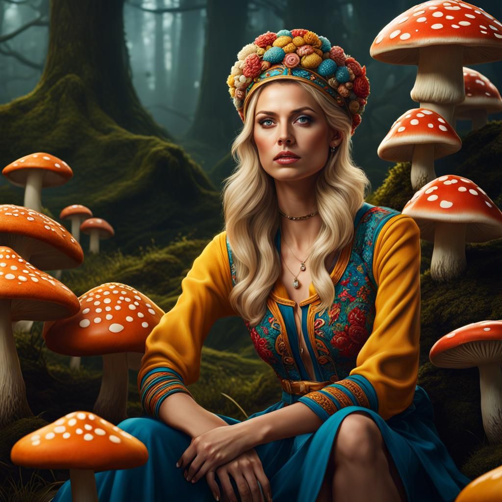 Hyperrealistic Woman with Mushrooms in Detailed Matte Painti...