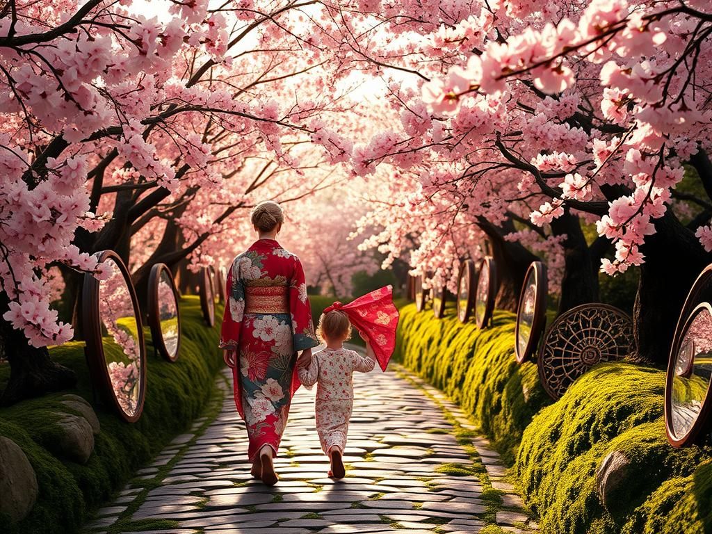 Blonde Mother and Daughter in Kimonos Reflecting Blossoms