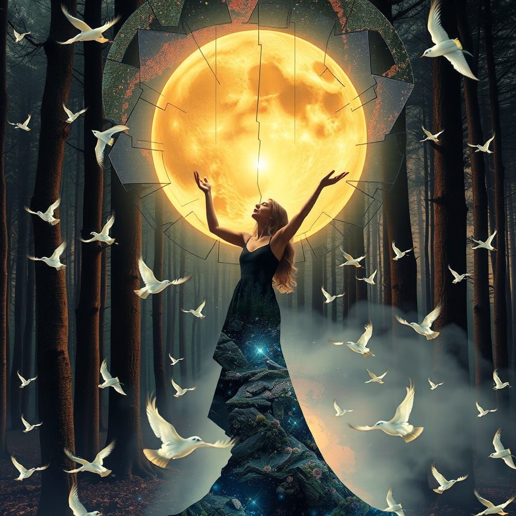Transhumanist Woman Catches Sun and Moon in Cosmic Forest